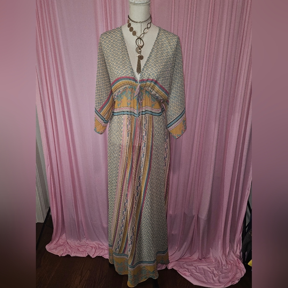 Karlie Tan and Brown Maxi Gown with Plunge Neckline